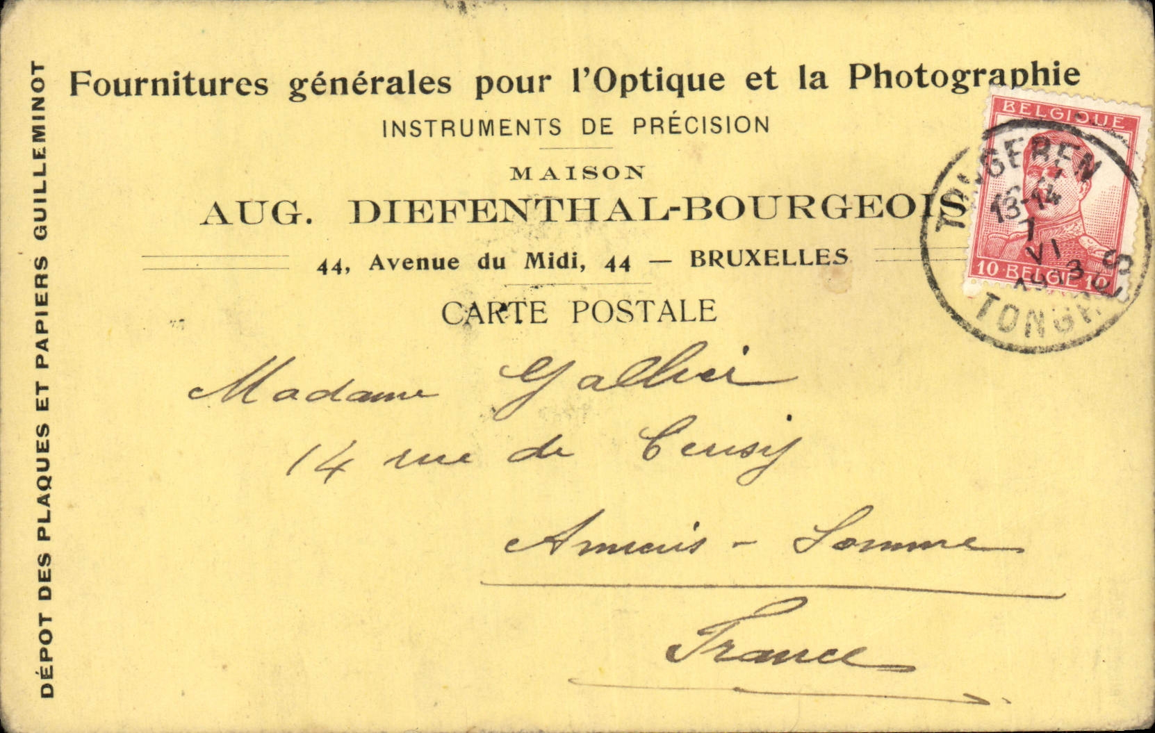 Entier Diefenthal Fournitures generale pour l'optique et la Photographie Avenue du Midi Bruxelles Optique