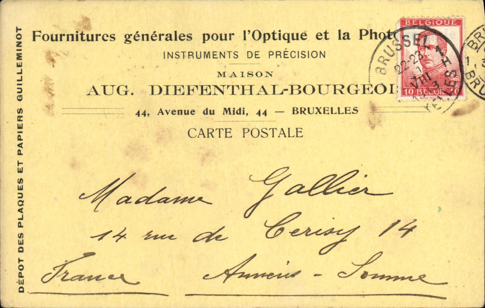 Entier Diefenthal Fournitures generale pour l'optique et la Photographie Avenue du Midi Bruxelles Optique