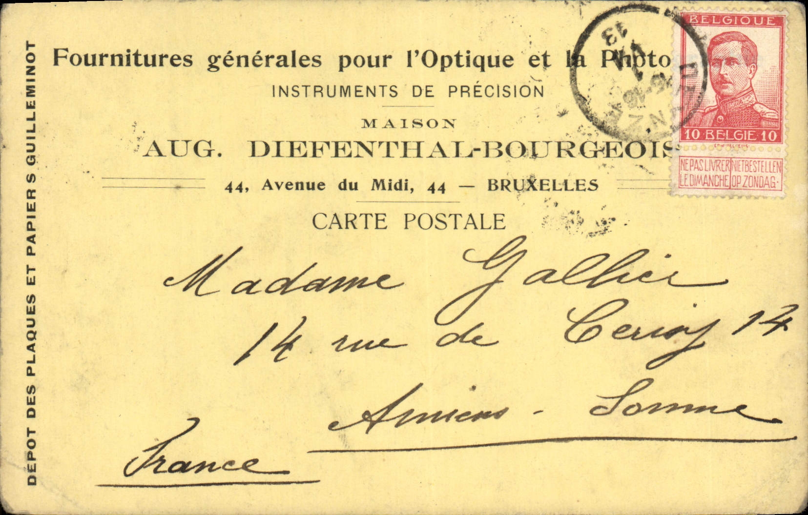 Entier Diefenthal Fournitures generale pour l'optique et la Photographie Avenue du Midi Bruxelles Optique