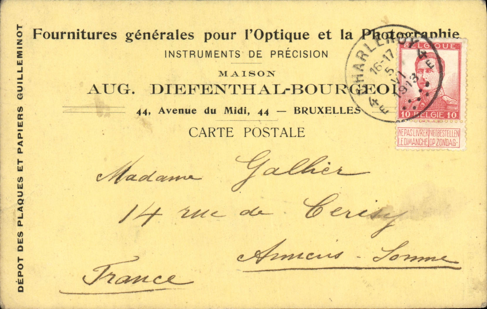 Entier Diefenthal Fournitures generale pour l'optique et la Photographie Avenue du Midi Bruxelles Optique