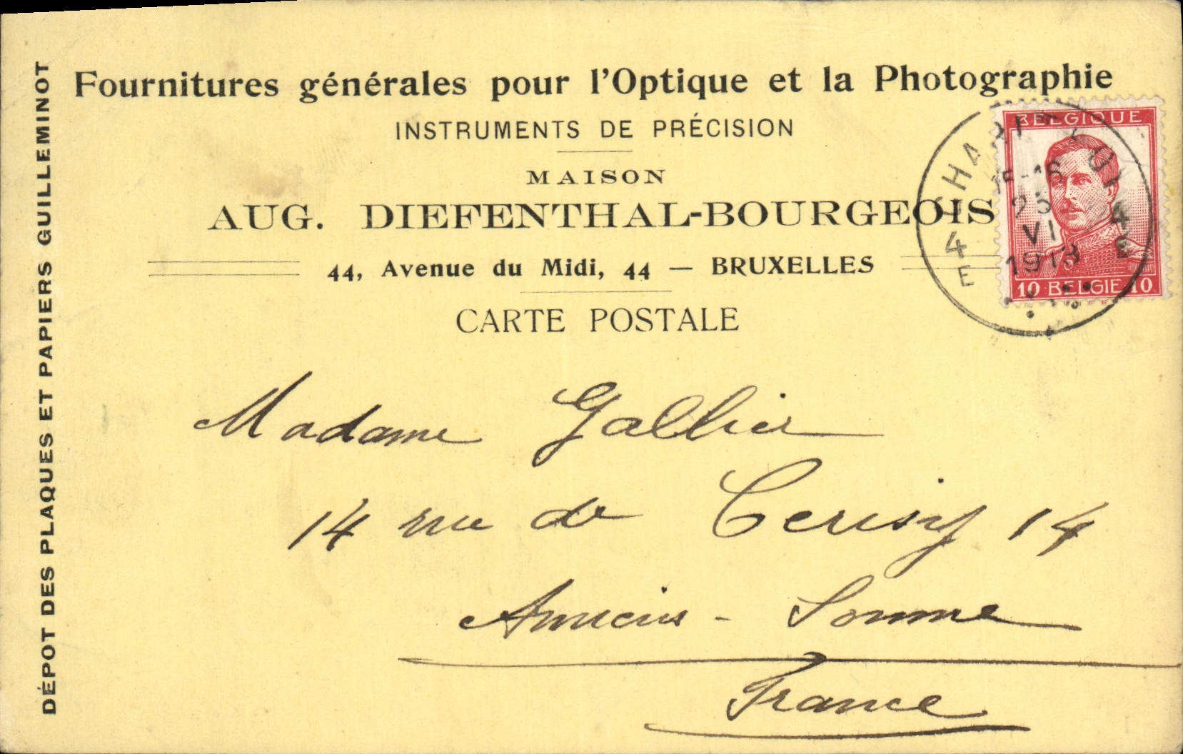 Entier Diefenthal Fournitures generale pour l'optique et la Photographie Avenue du Midi Bruxelles Optique