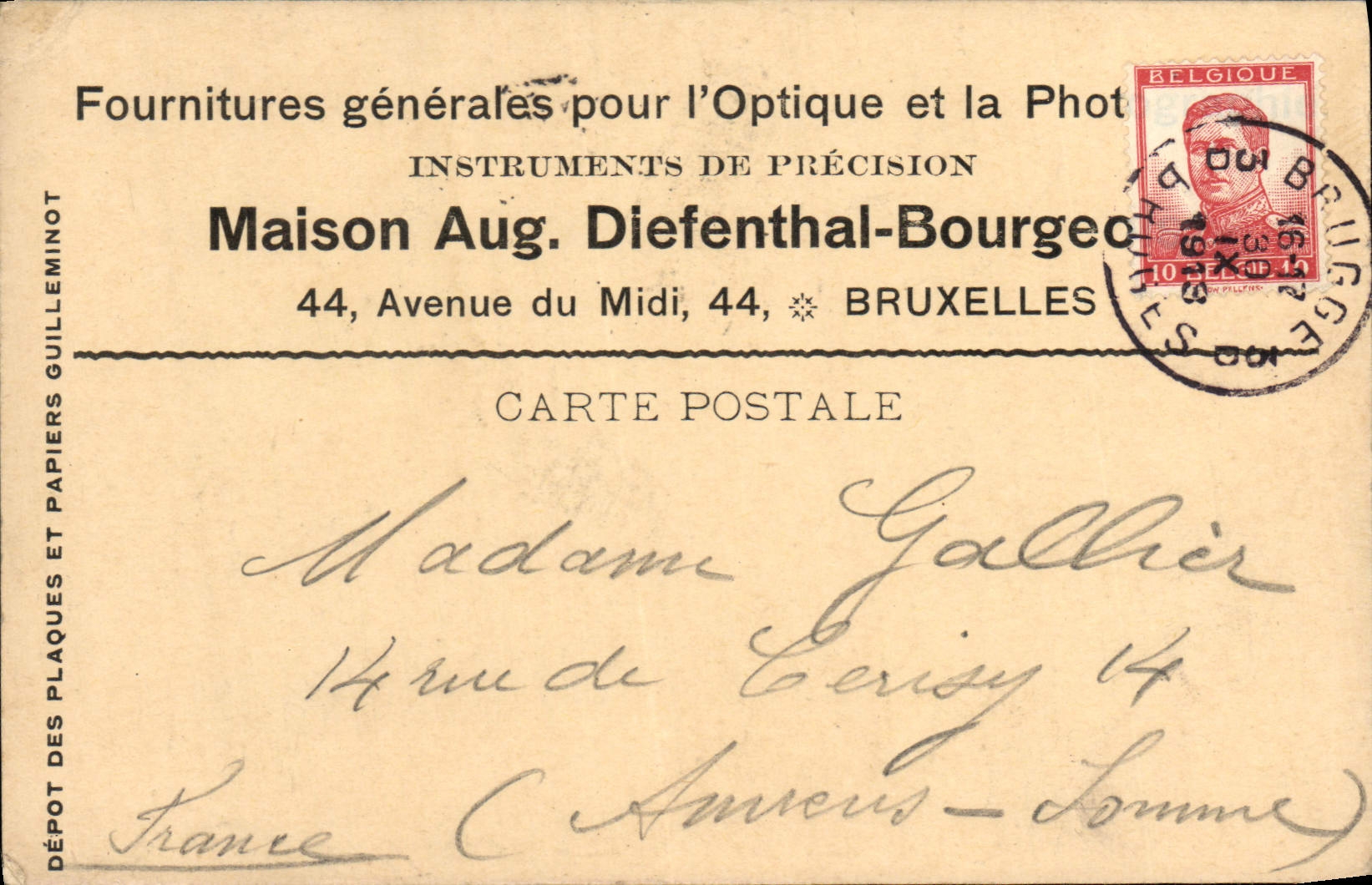 Entier Diefenthal Fournitures generale pour l'optique et la Photographie Avenue du Midi Bruxelles Optique