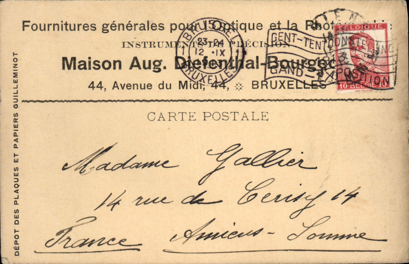 Entier Diefenthal Fournitures generale pour l'optique et la Photographie Avenue du Midi Bruxelles Optique