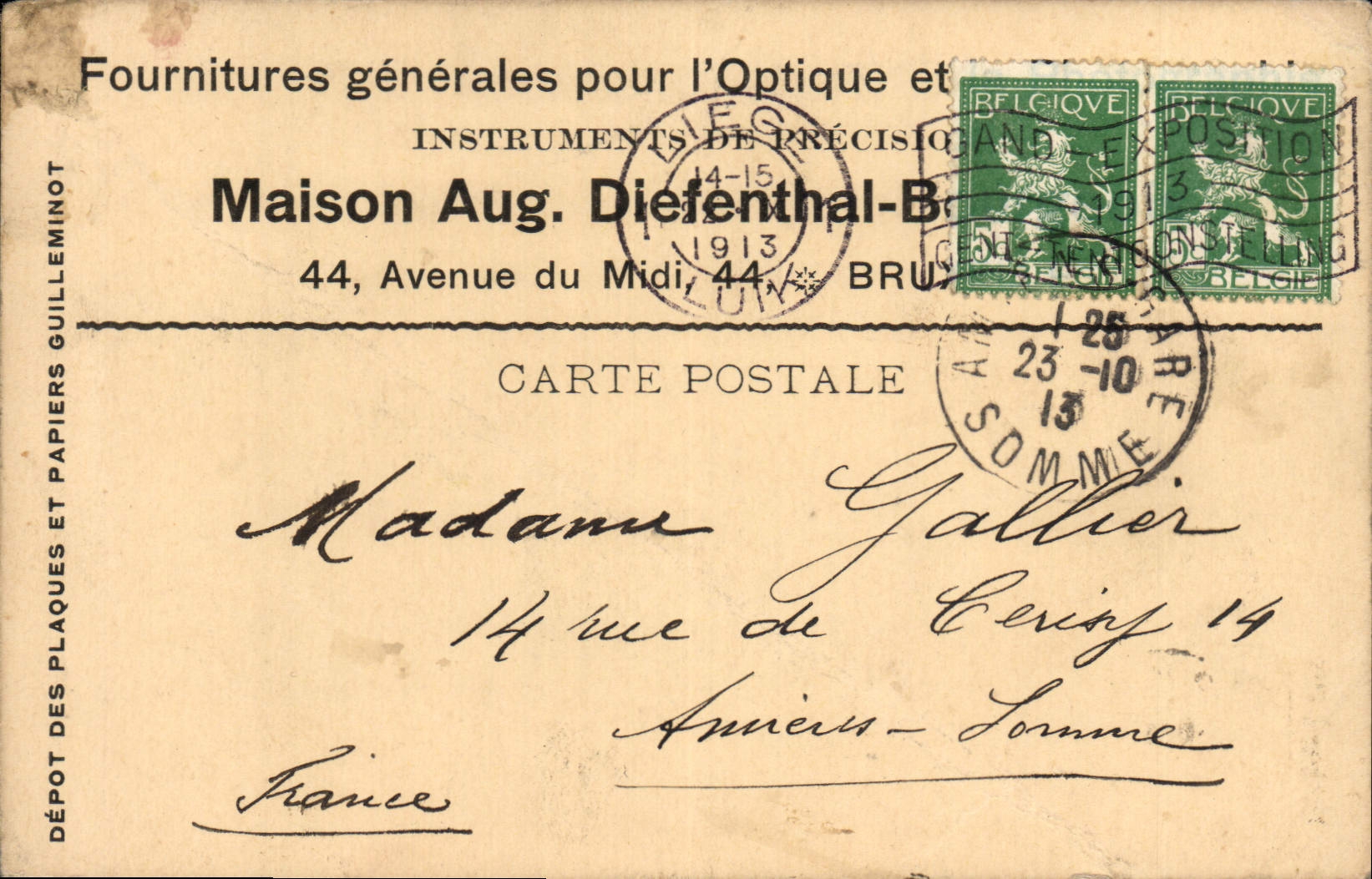 Entier Diefenthal Fournitures generale pour l'optique et la Photographie Avenue du Midi Bruxelles Optique