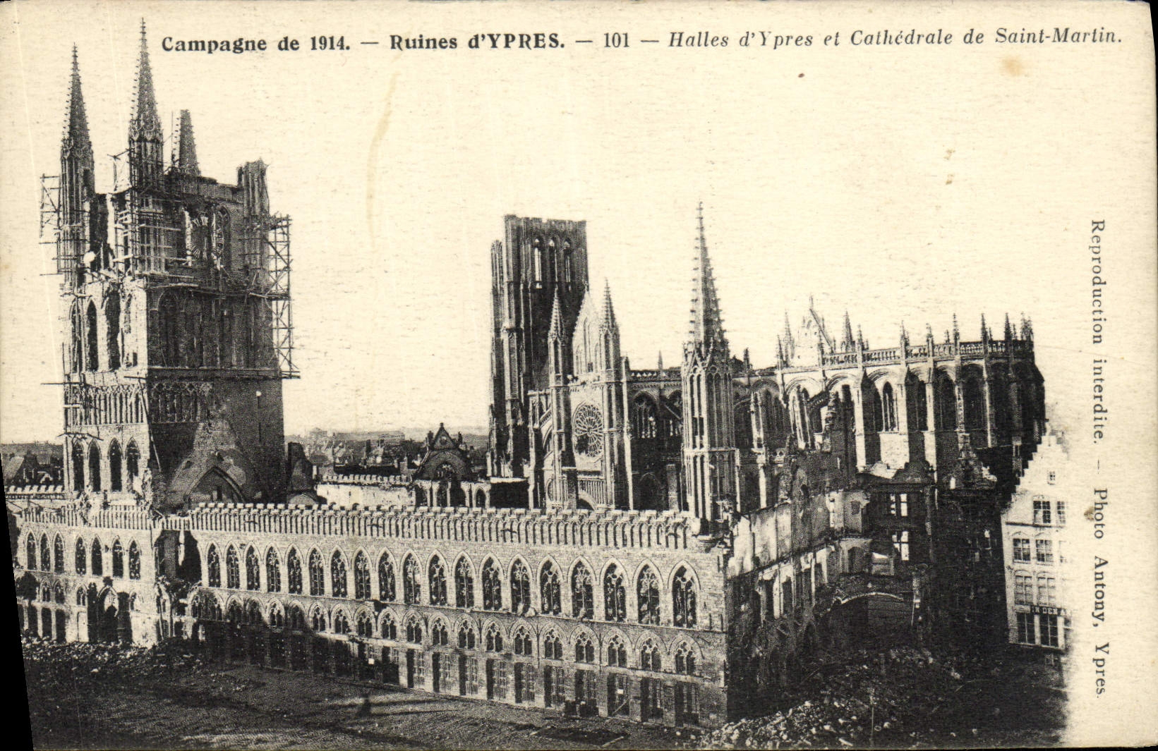 Las ruinas de la POSTAL de la VENDIMIA de Ypres ponen la catedral de Martin Saint