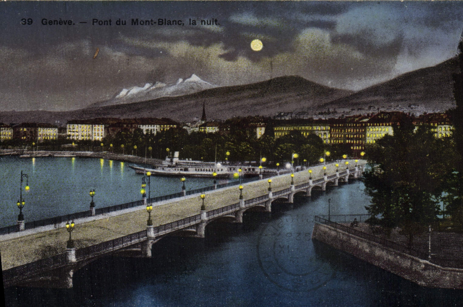 VINTAGE POSTCARD Geneva Bridge of Mont Blanc the night