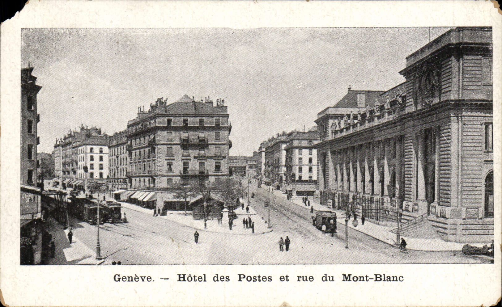 VINTAGE POSTCARD Geneva Post office building and street of Mont Blanc
