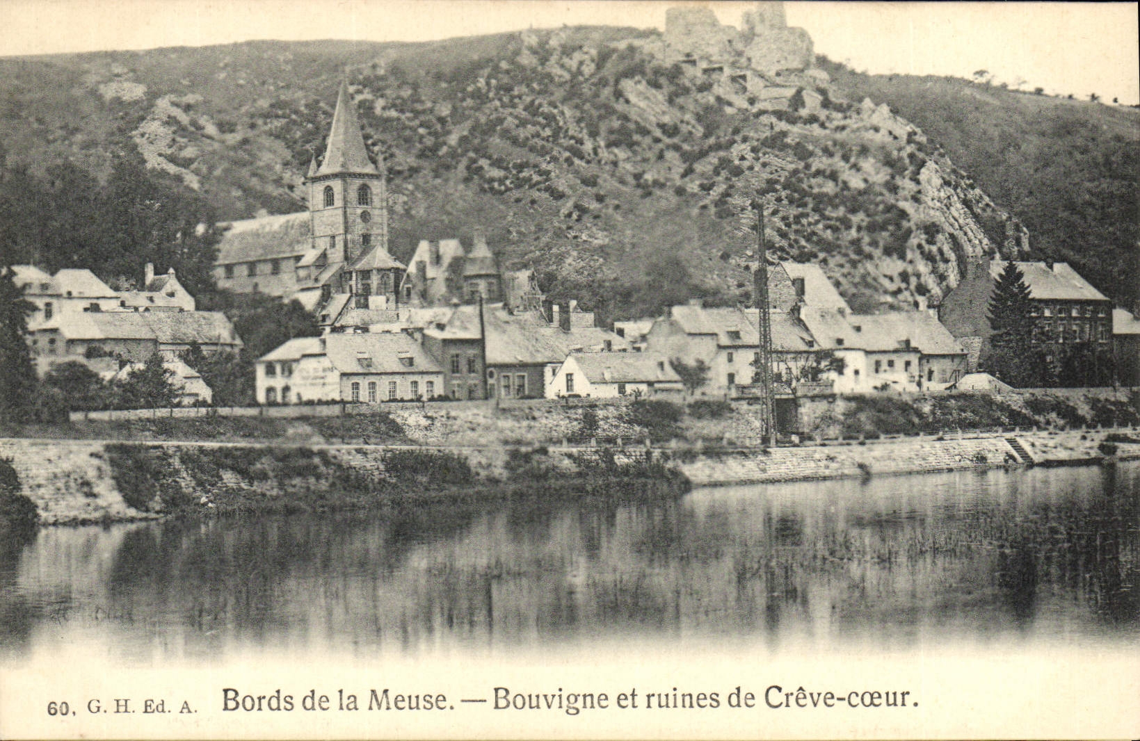 VINTAGE POSTCARD Borders of the Meuse Bouvigne and Ruines of Bad cold Heart