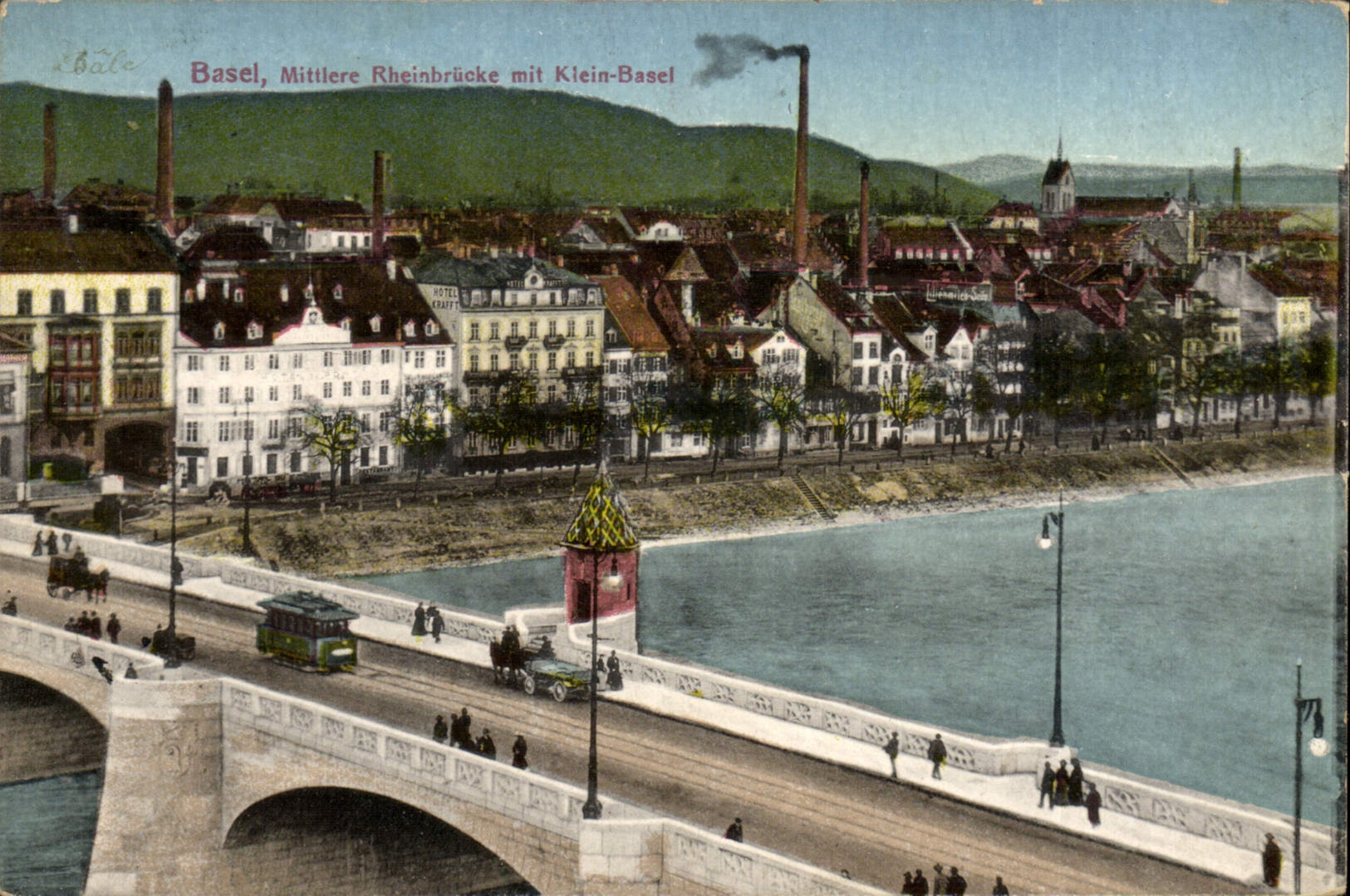 VINTAGE POSTCARD Basel Mittlere Rheinbrucke put klein Basel
