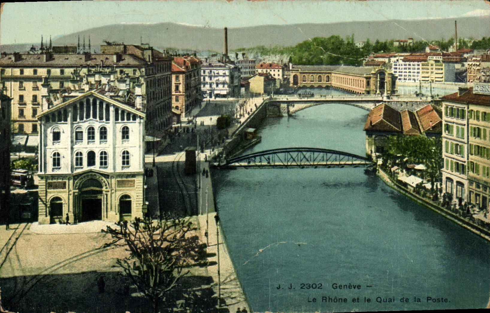 VINTAGE POSTCARD Geneva the Rhone and the Quay of the Post office