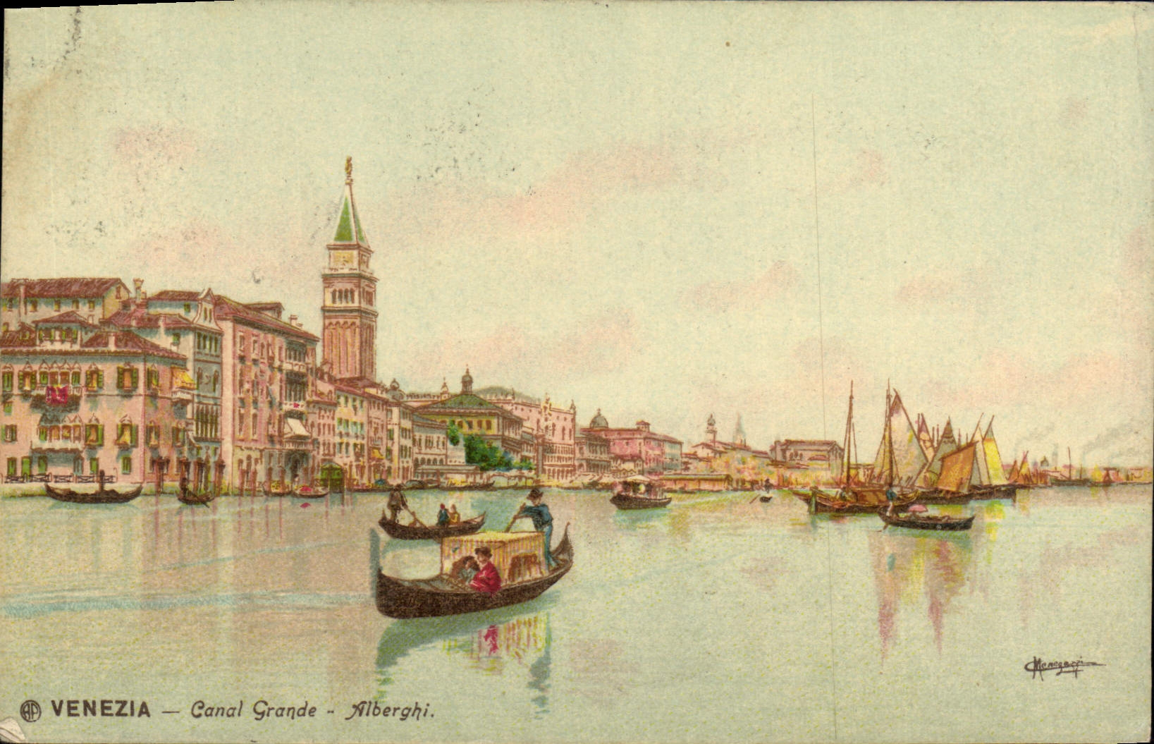 VINTAGE POSTCARD Venezia Canal Large Alberghi boats