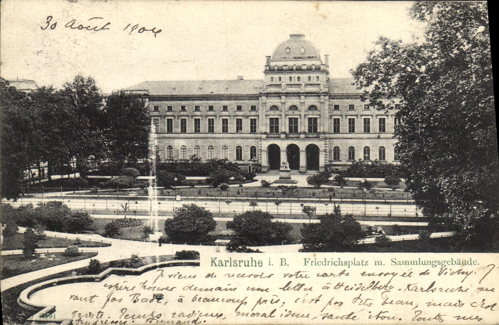 Sr. Sammlungsgebaude de Karlsruhe I B Friedrichsplatz de la POSTAL de la VENDIMIA
