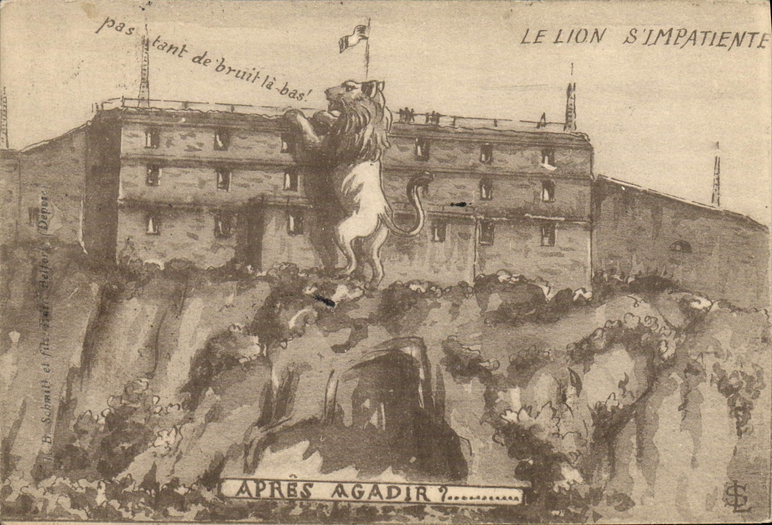 POSTAL de la VENDIMIA el paso impaciente del león tanto del ruido Belfort baja después de Agadir Marruecos