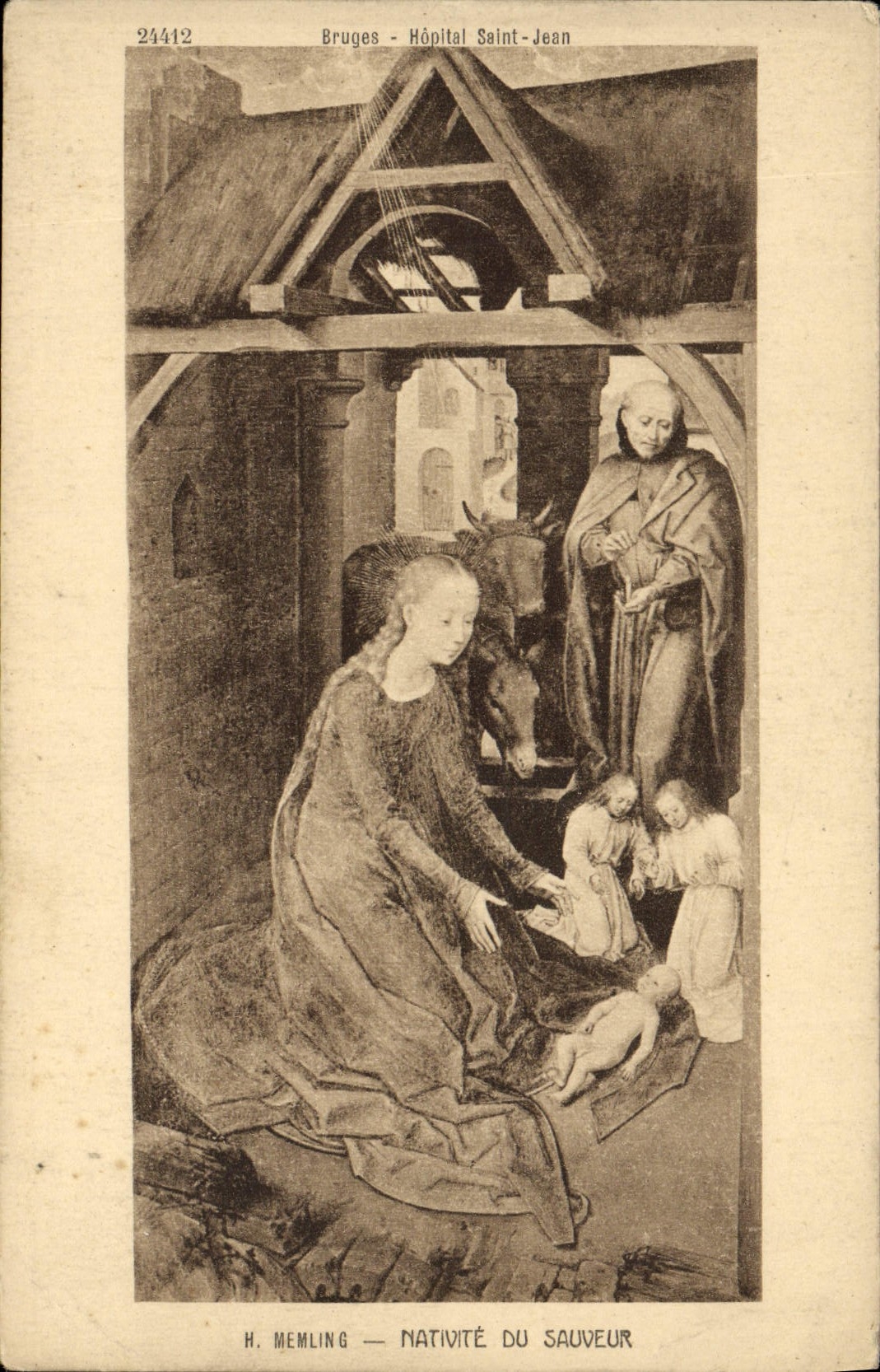 Natividad santa de Jean Memling del hospital de Brujas de la POSTAL de la VENDIMIA del ahorrador