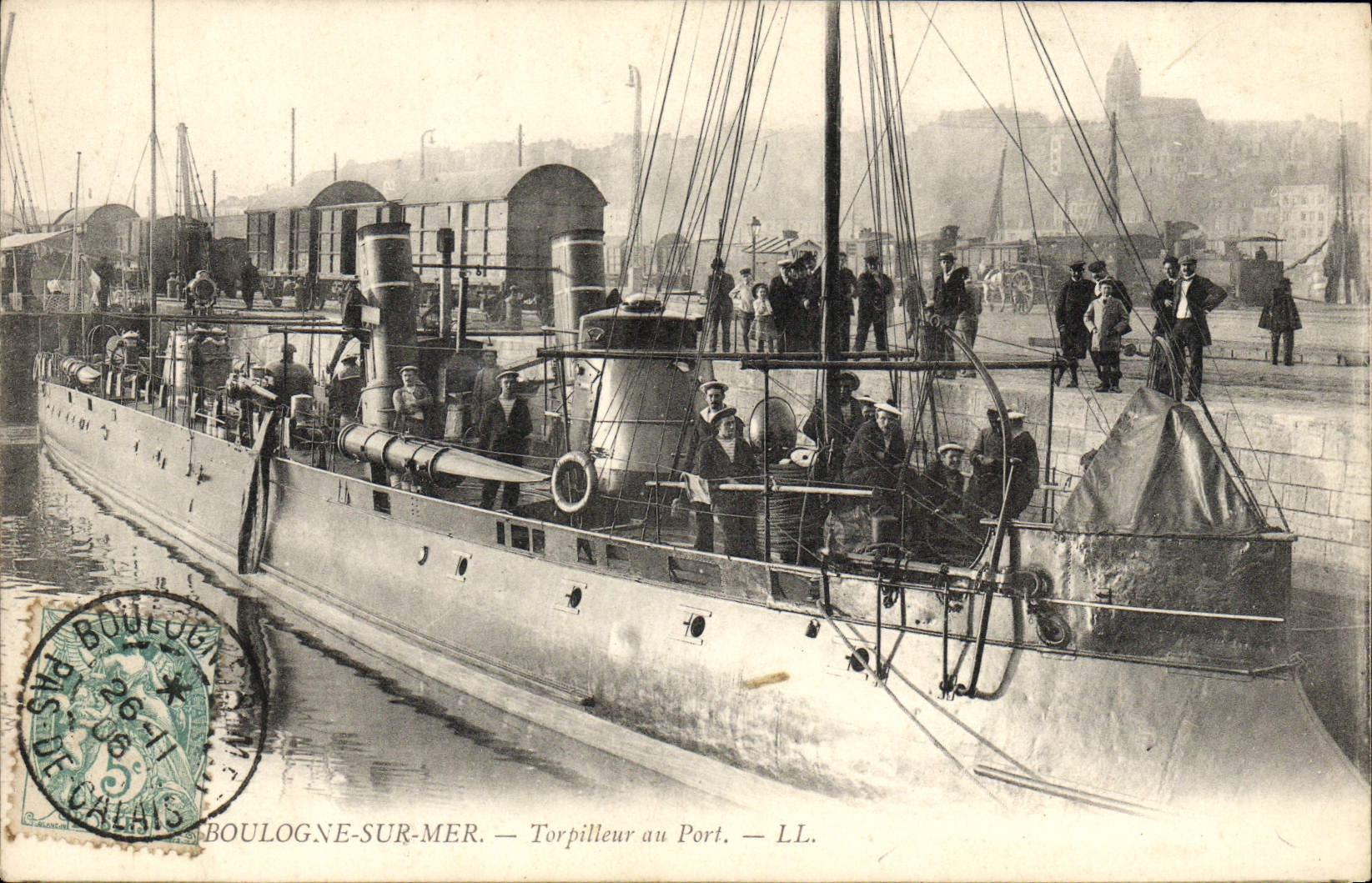 VINTAGE POSTCARD Boulogne On Sea Destroyer With the Port Boat Train