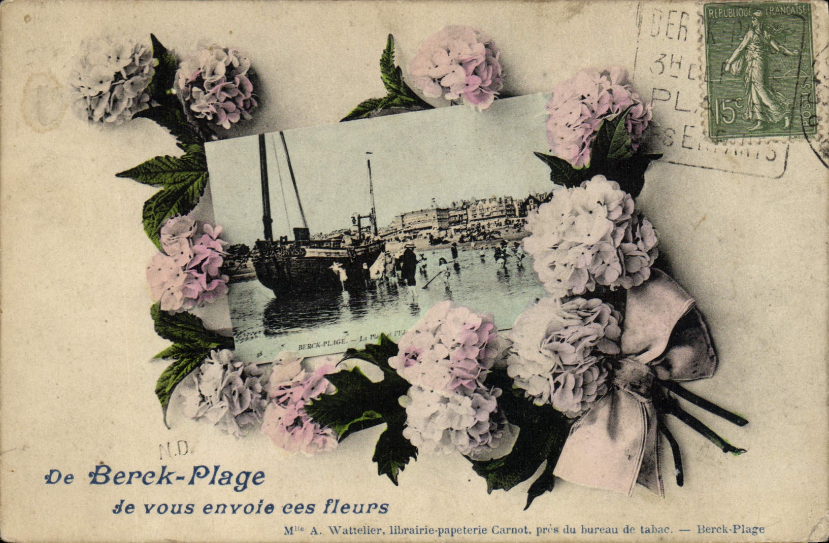 VINTAGE POSTCARD Berck Plage I Send These Flowers to You