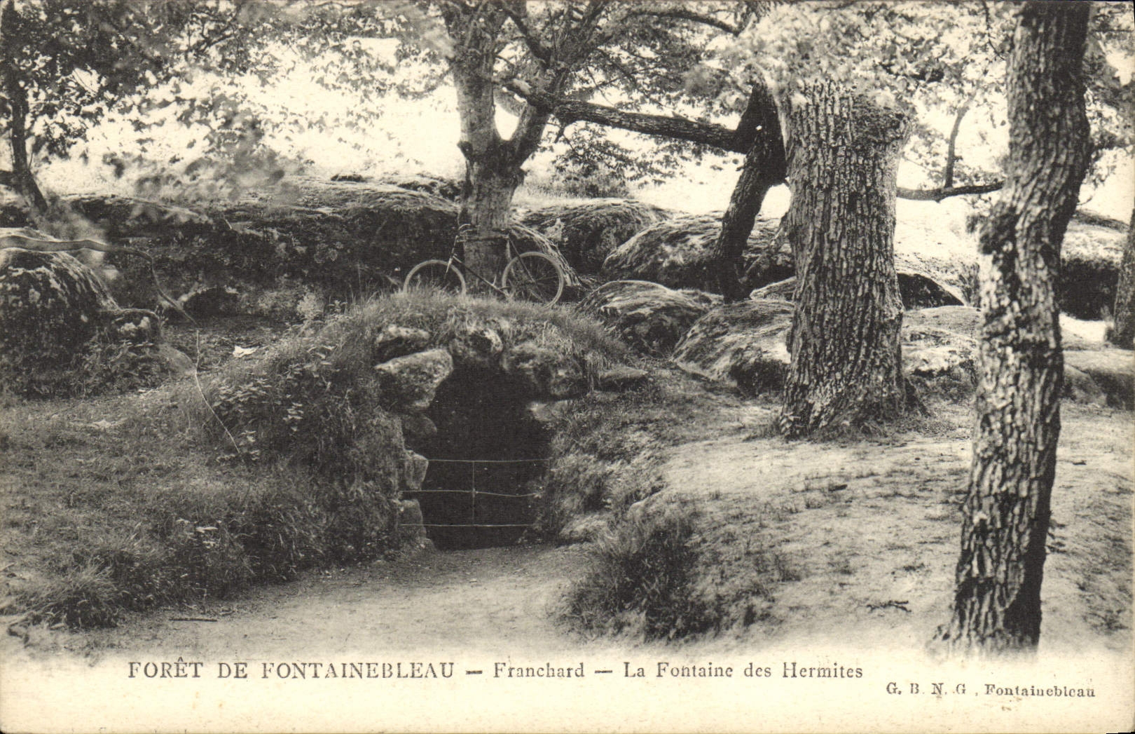 VINTAGE POSTCARD Fontainebleau Drill De Franchard the Fountain of the Hermits Bicycle