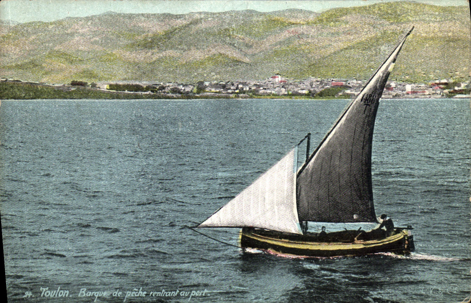 Barco de pesca de Toulon de la POSTAL de la VENDIMIA pequeño que vuelve al barco portuario