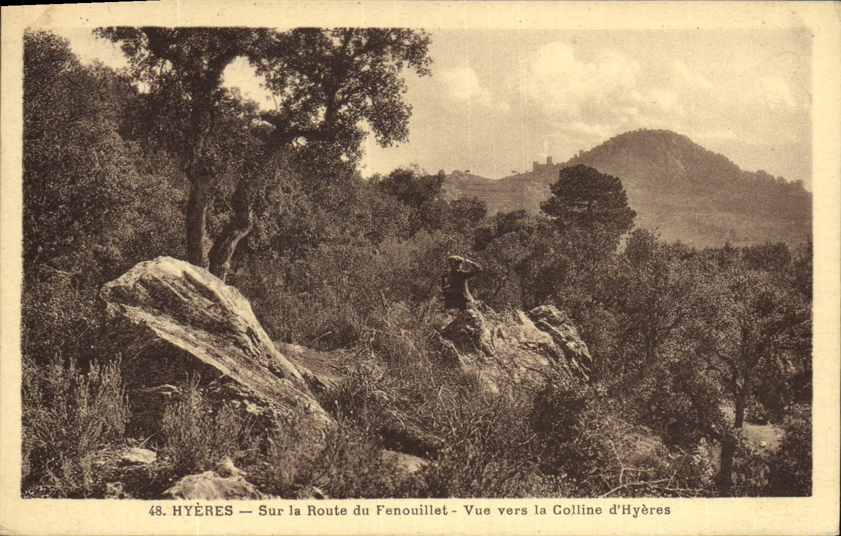 POSTAL Hyeres de la VENDIMIA en el camino de Fenouillet visto hacia la colina de Hyeres