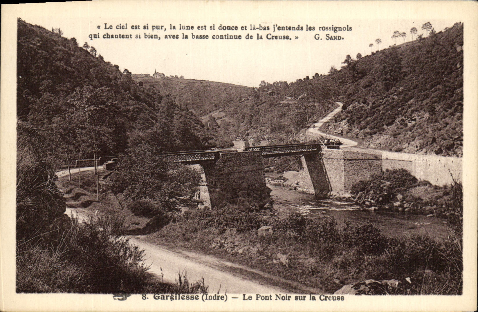 POSTAL Gargilesse de la VENDIMIA el puente negro en el hueco