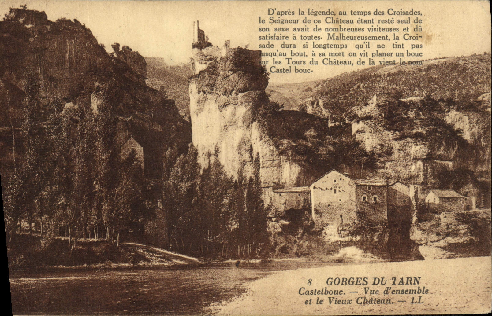 VINTAGE POSTCARD Falls Of Tarn Castelbouc Overall picture And the Old Castle