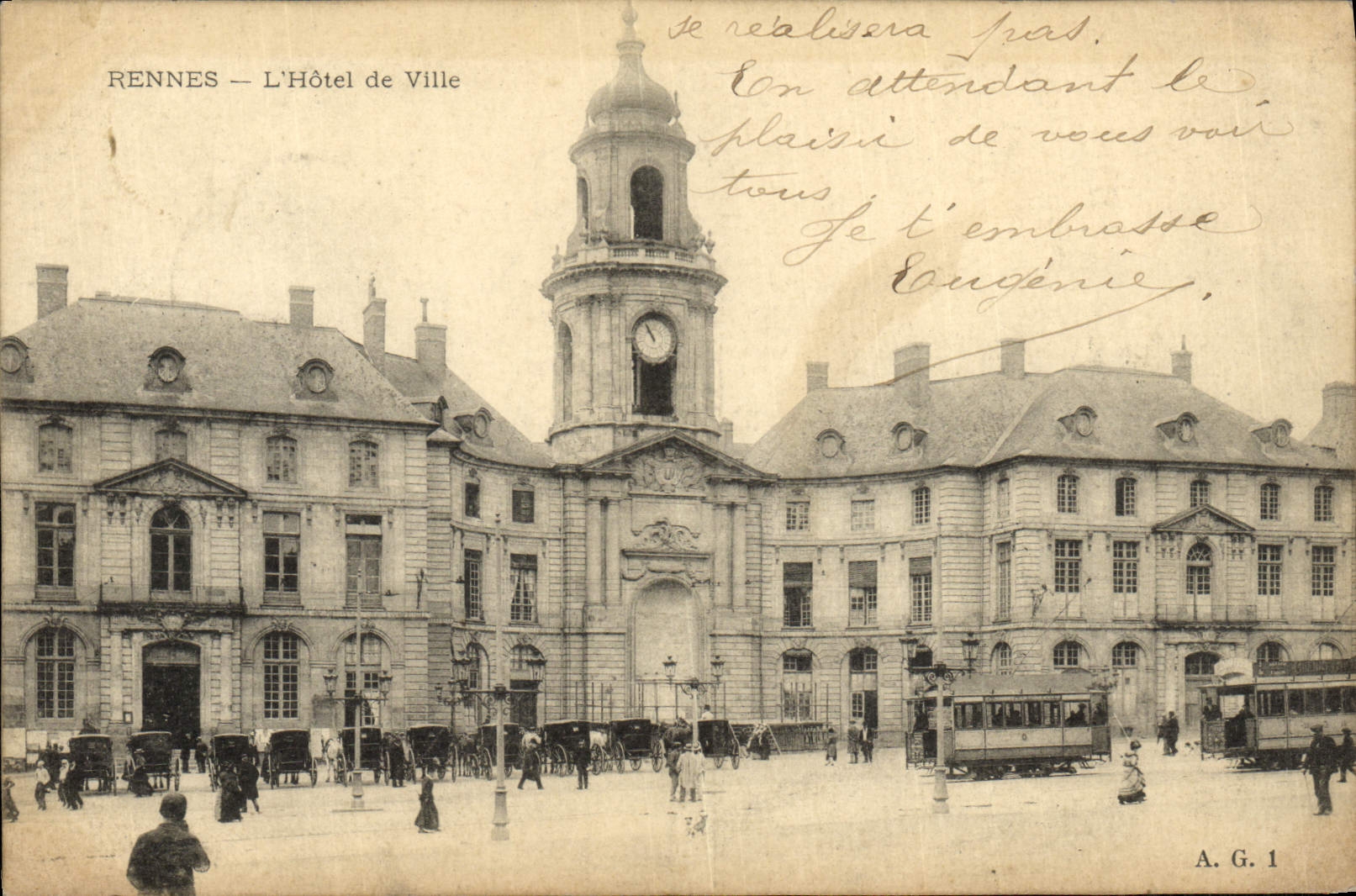VINTAGE POSTCARD Rennes the Town hall Trams