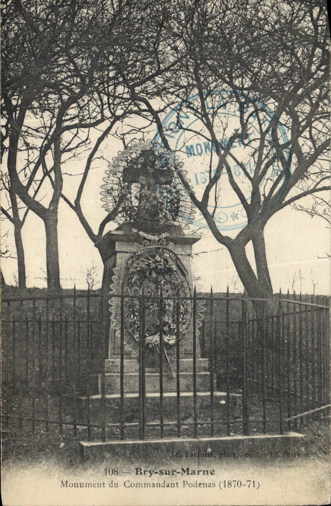 VINTAGE POSTCARD Bry On the Marne Monument Of the Commander Podenas 1870 1871 Militaria