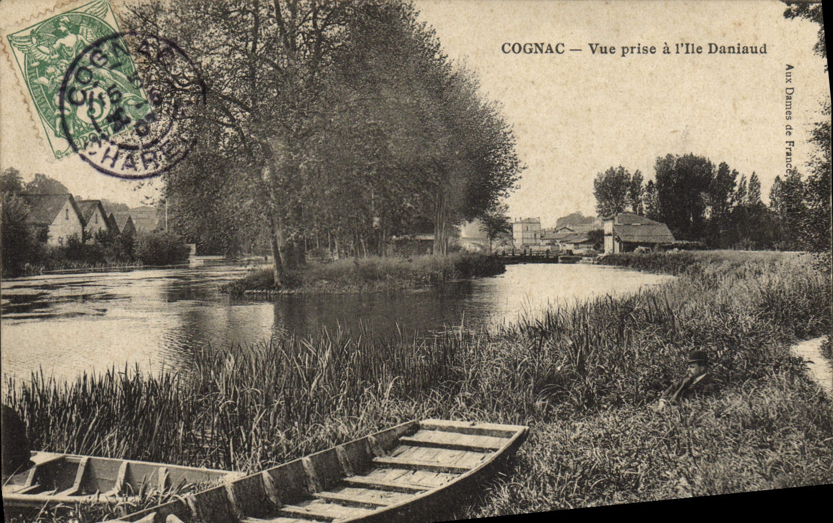Coñac de la POSTAL de la VENDIMIA vista en la isla Daniaud