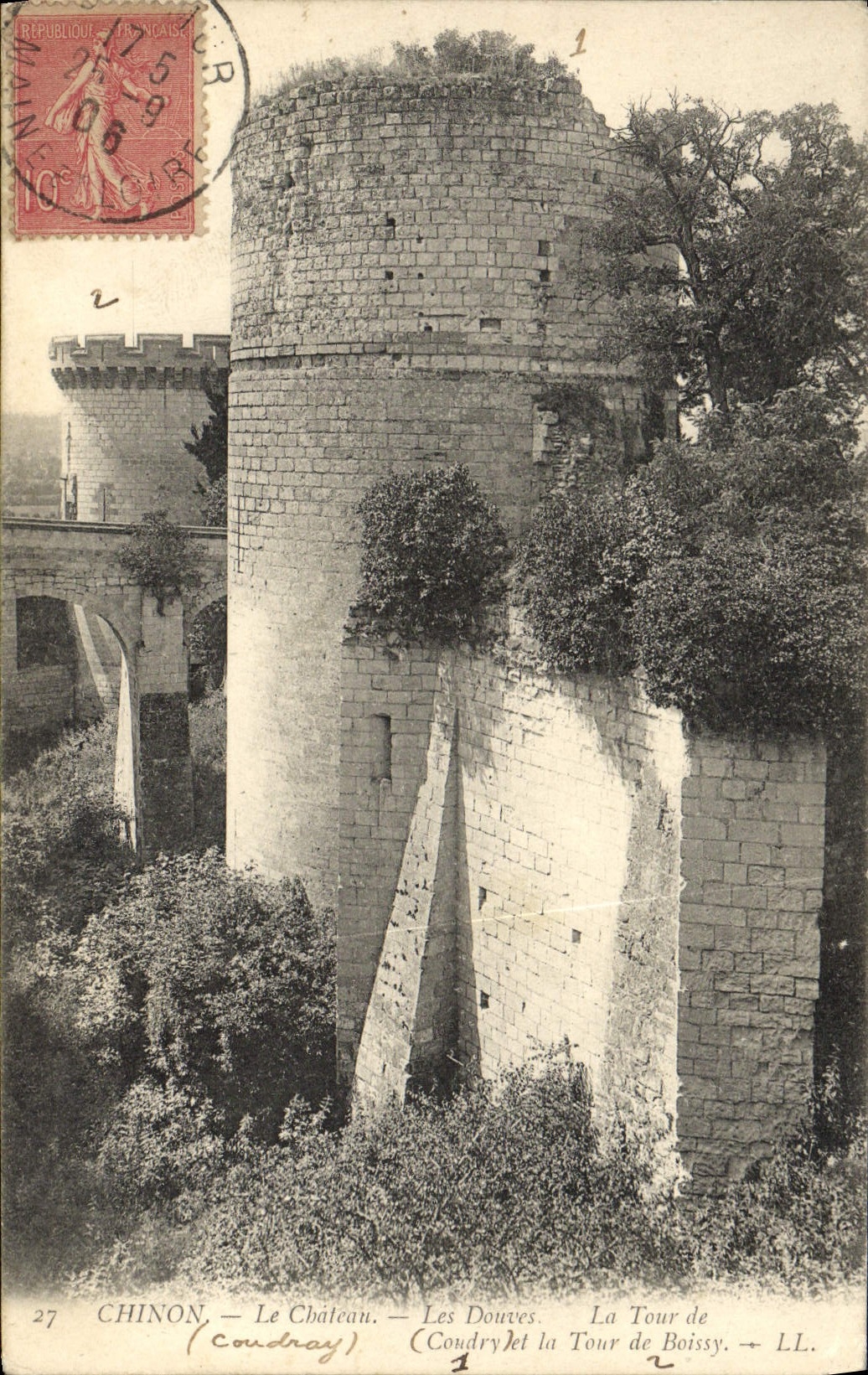 VINTAGE POSTCARD Chinon the Castle Ditches the Tower De Coudry and the tower of Boissy
