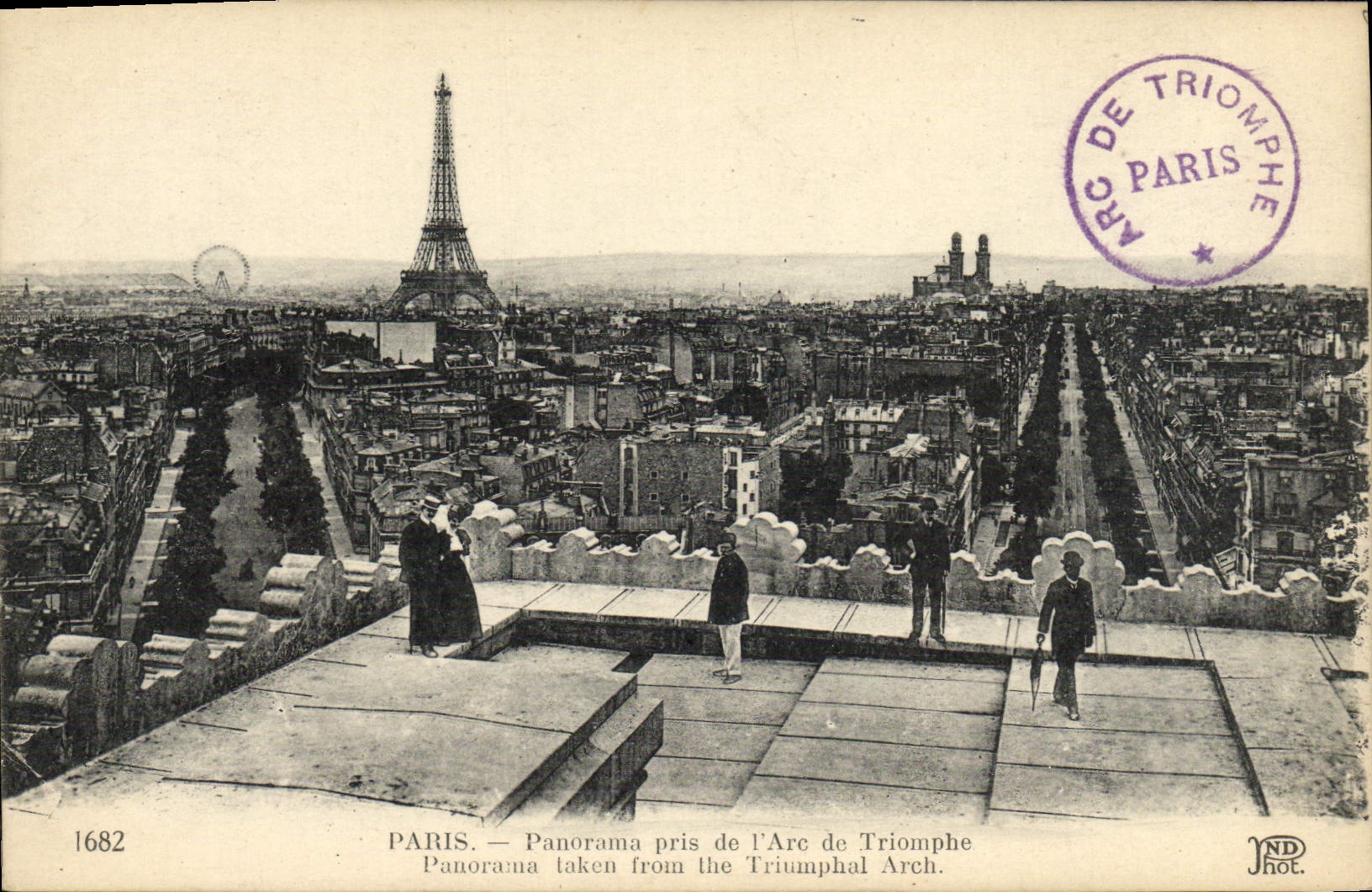 Panorama de París de la POSTAL de la VENDIMIA tomado Arc de Triomphe del panorama