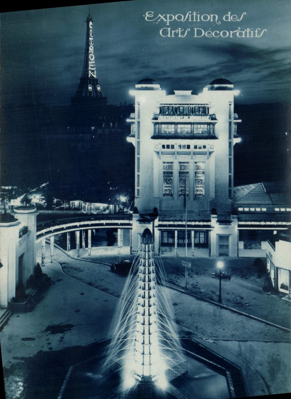 Feria de París de la POSTAL de la VENDIMIA de la feria decorativa 1925 de París de la POSTAL de la VENDIMIA de los artes de la vista decorativa de los artes 1925 de la torre Eiffel de la noche