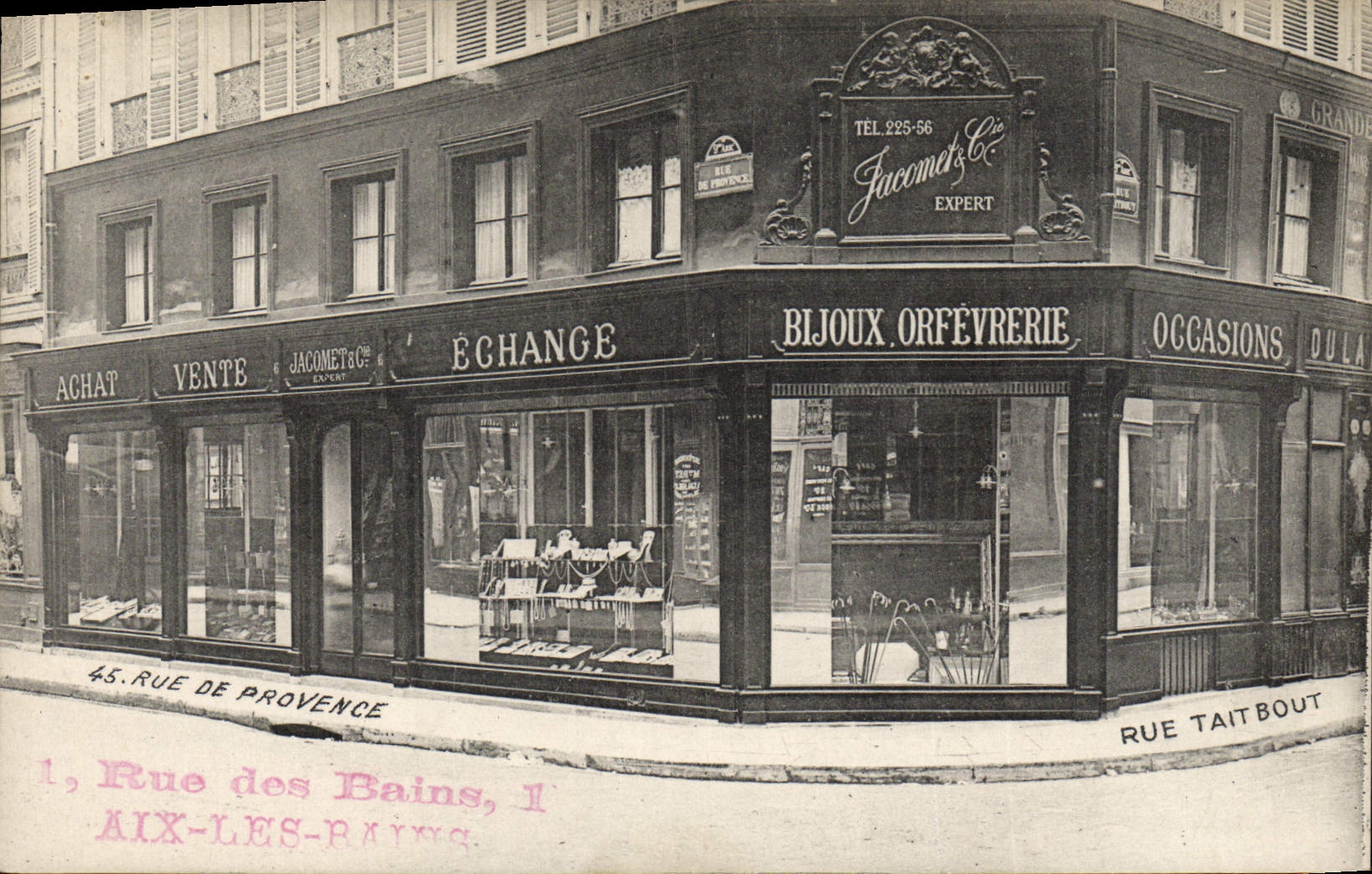 Calle de la POSTAL de la VENDIMIA del almacén de Jacomet de los baños del Aix les Bains y calle de Taitbout de la calle de la TAPA de la joyería del Co de Provence París