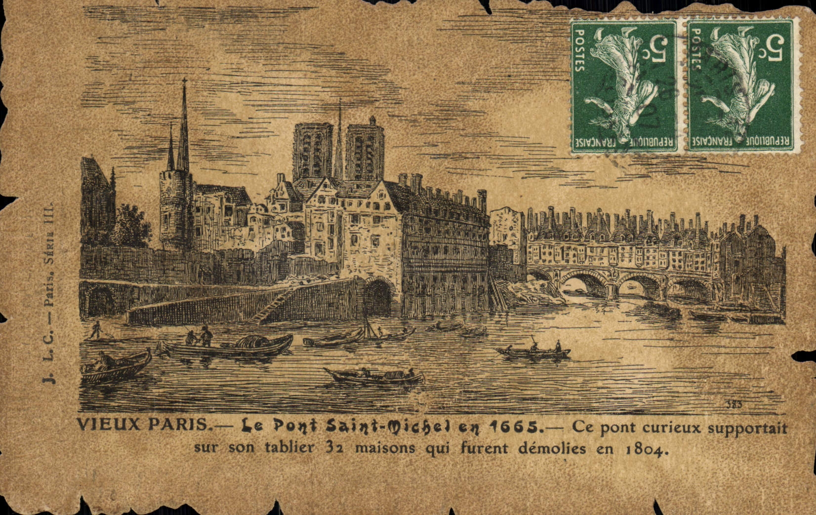 VINTAGE POSTCARD Old Paris the Bridge Saint Michel in 1665
