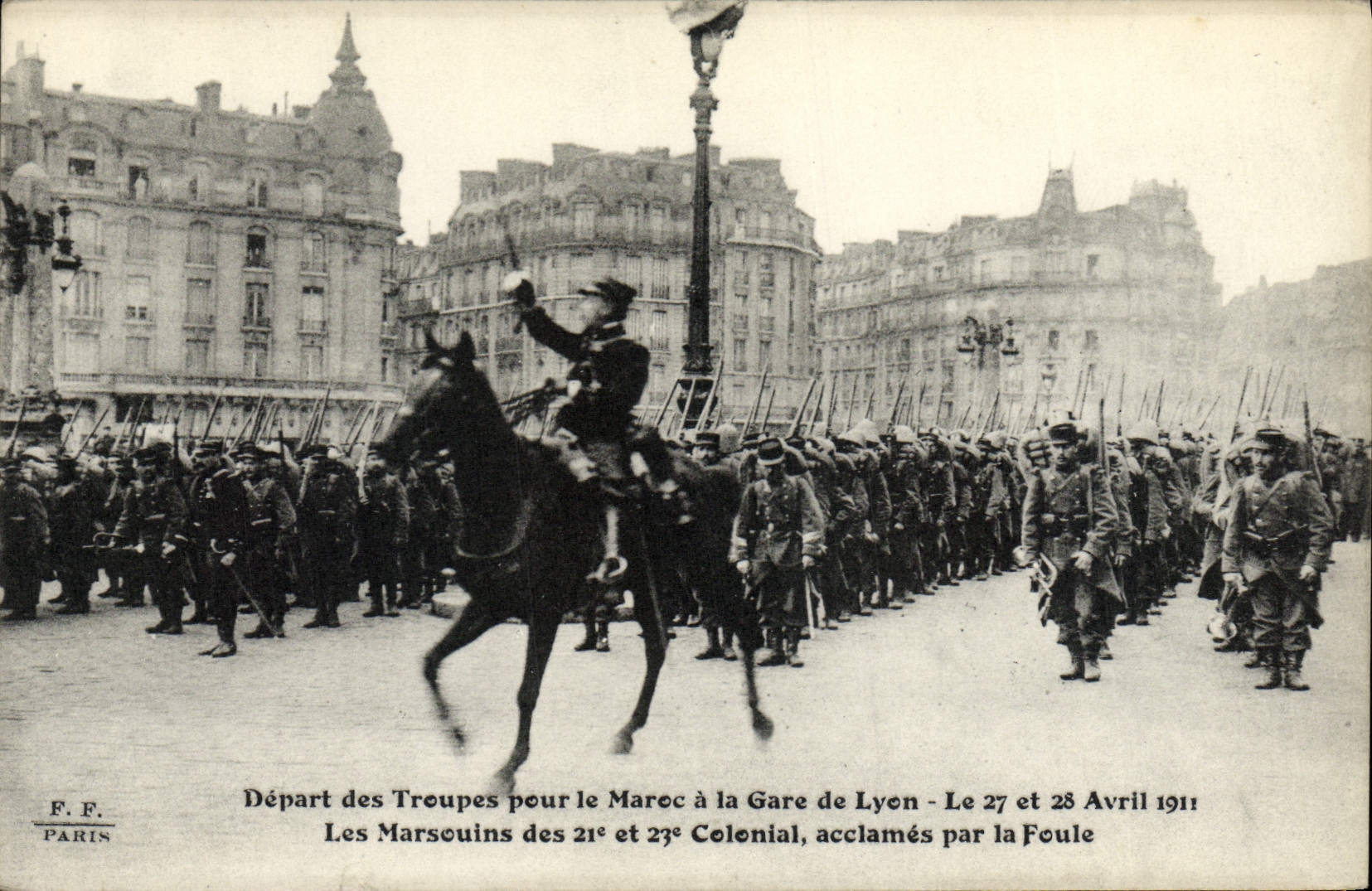 VINTAGE POSTCARD Departure Of the Troops For the Marc At the Gare de Lyon April 27th and 28th 1911 amrsouins