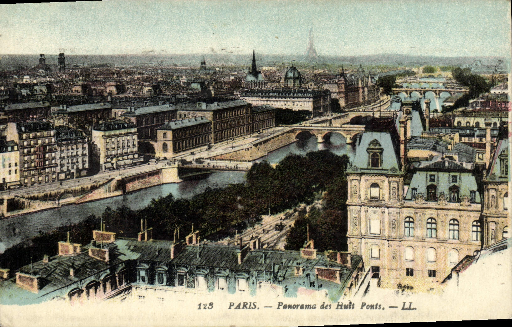 Panorama de París de la POSTAL de la VENDIMIA de los puentes de las chozas