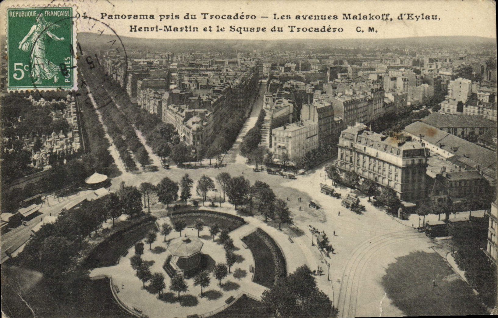 Panorama de la POSTAL de la VENDIMIA tomado de Trocadero el d Eylau Enrique Martin y el jardín público de Malakoff de las avenidas de Trocadero