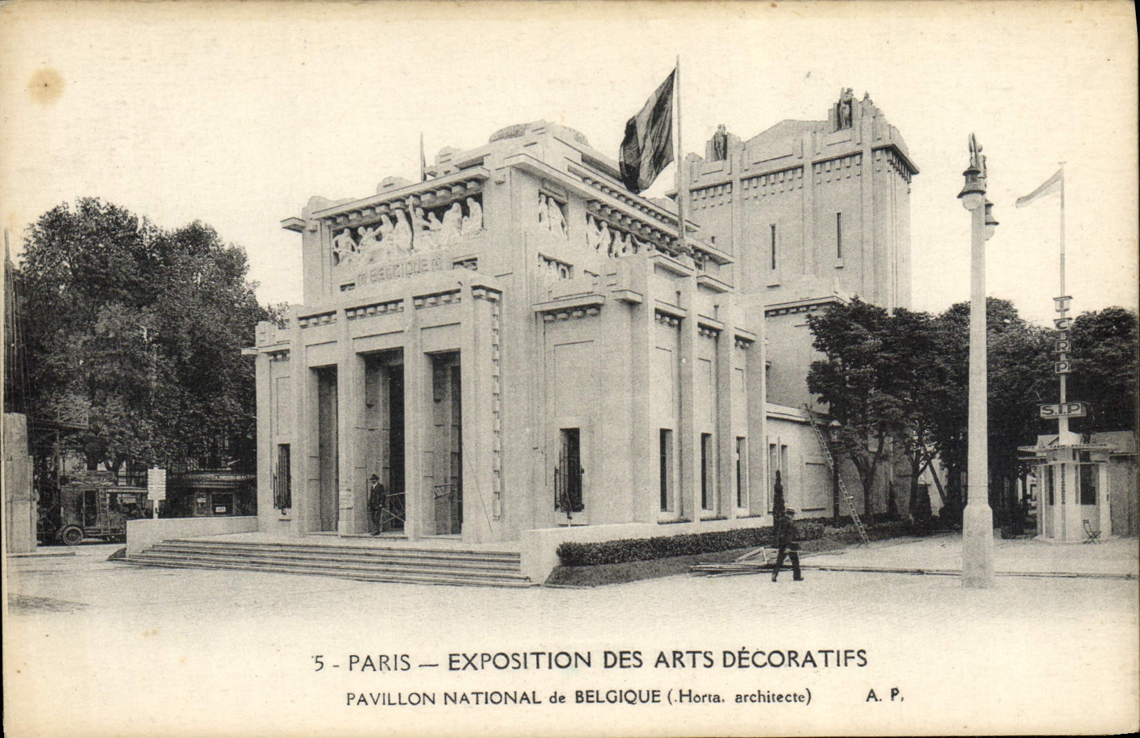 Exposición internacional de París de la POSTAL de la VENDIMIA de la casa nacional de París de los artes decorativos de Bélgica