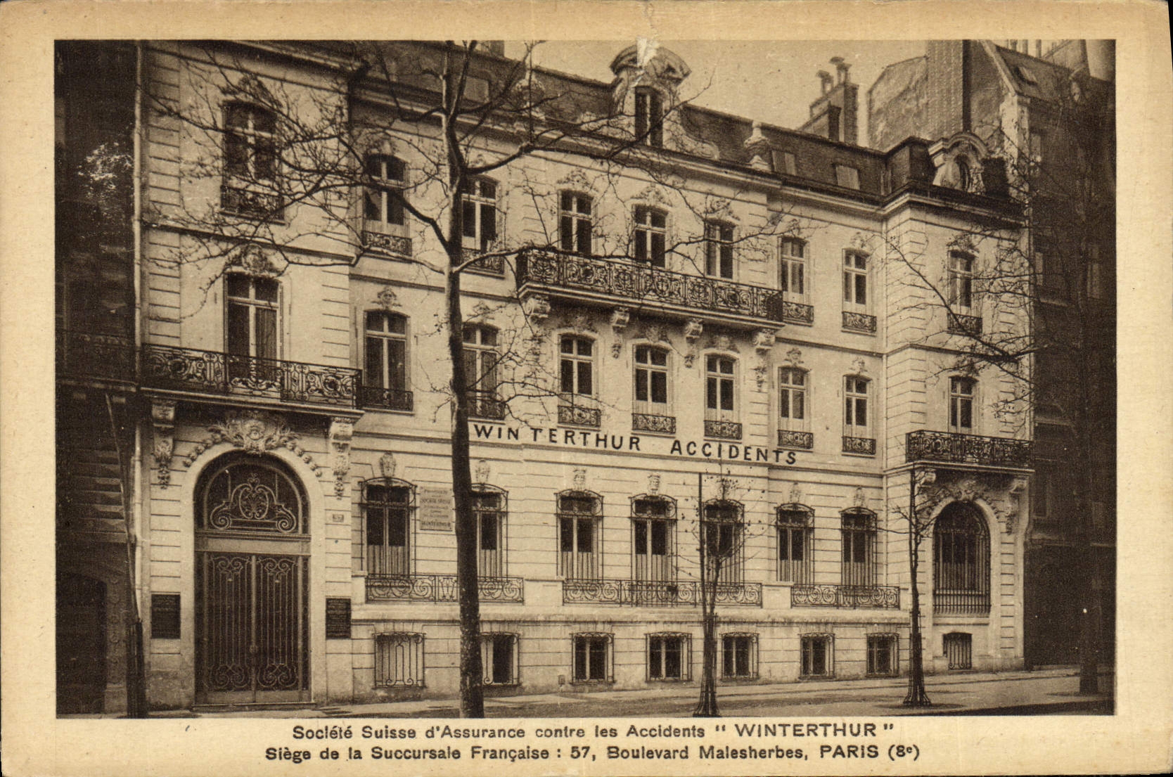 VINTAGE POSTCARD Swiss Soclete of Accident insurance Winterthur Boulevard Malesherbes Paris