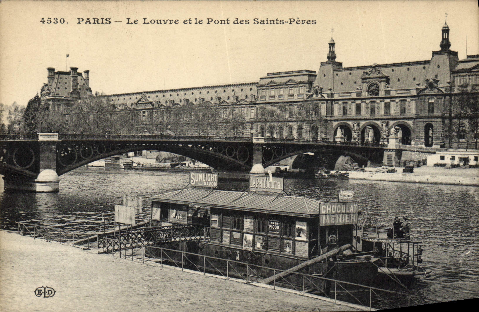 VINTAGE POSTCARD Paris the Louvre And the Bridge Of the Saints Fathers Boat Barge
