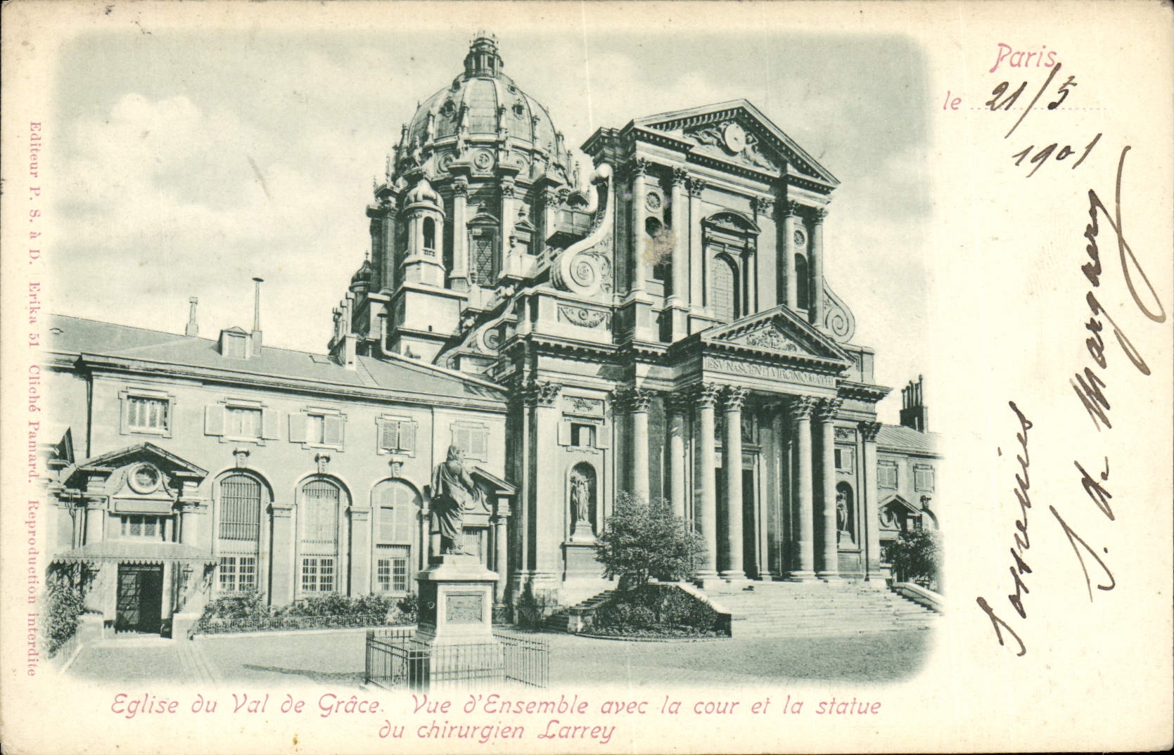 CPA Paris Eglise Du Val De Grace Vue d'Ensemble Avec La Cour Et La Statue du chrirurgien Larrey