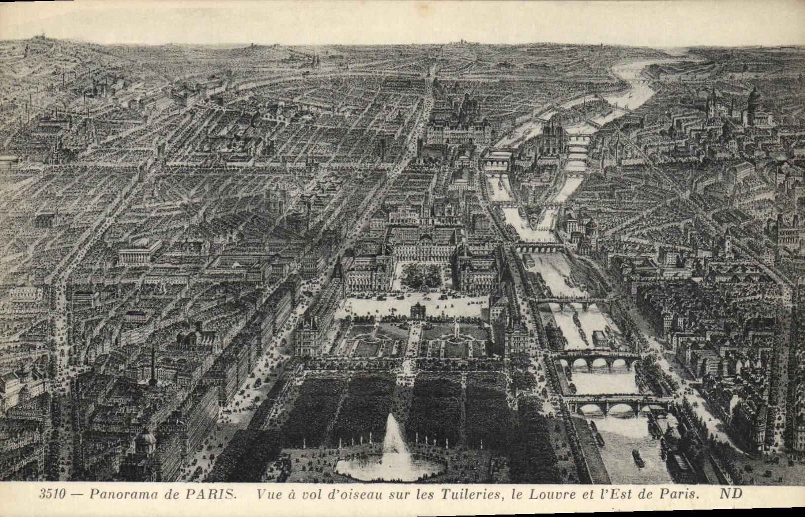El panorama de la POSTAL de la VENDIMIA de París considerado como el cuervo vuela en la lumbrera de Tileries y está de París