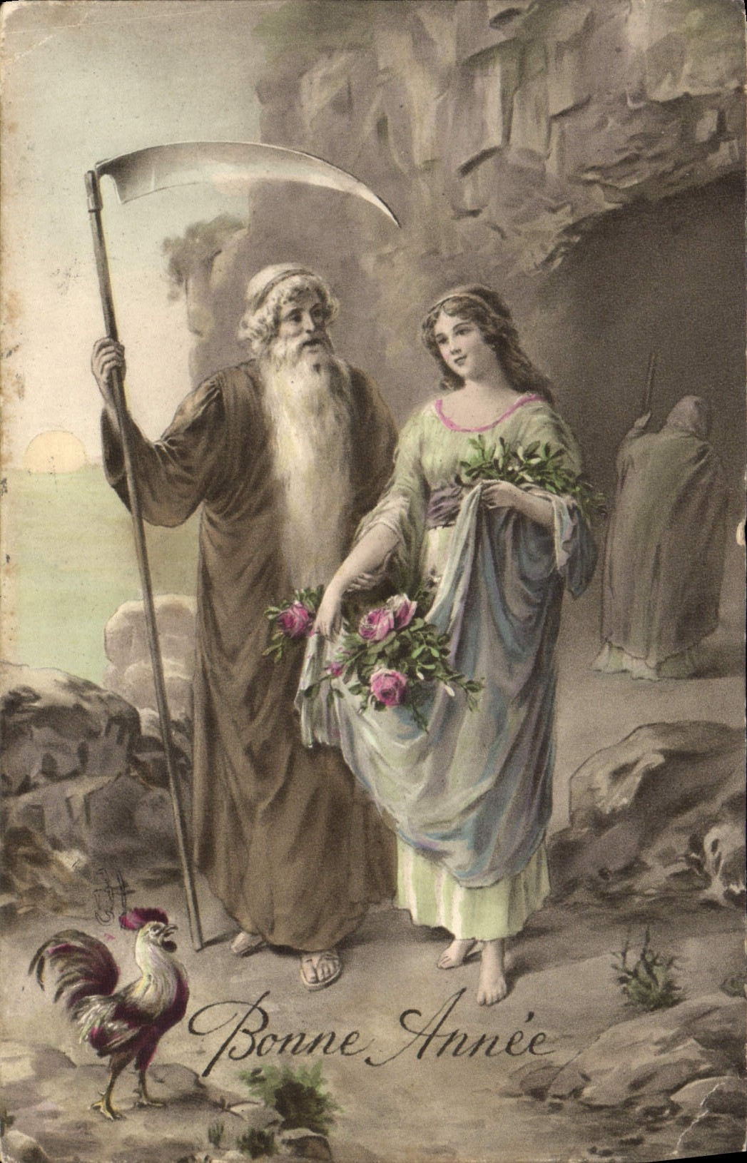 VINTAGE POSTCARD Fantasy Woman Dead Man Sickle Cock