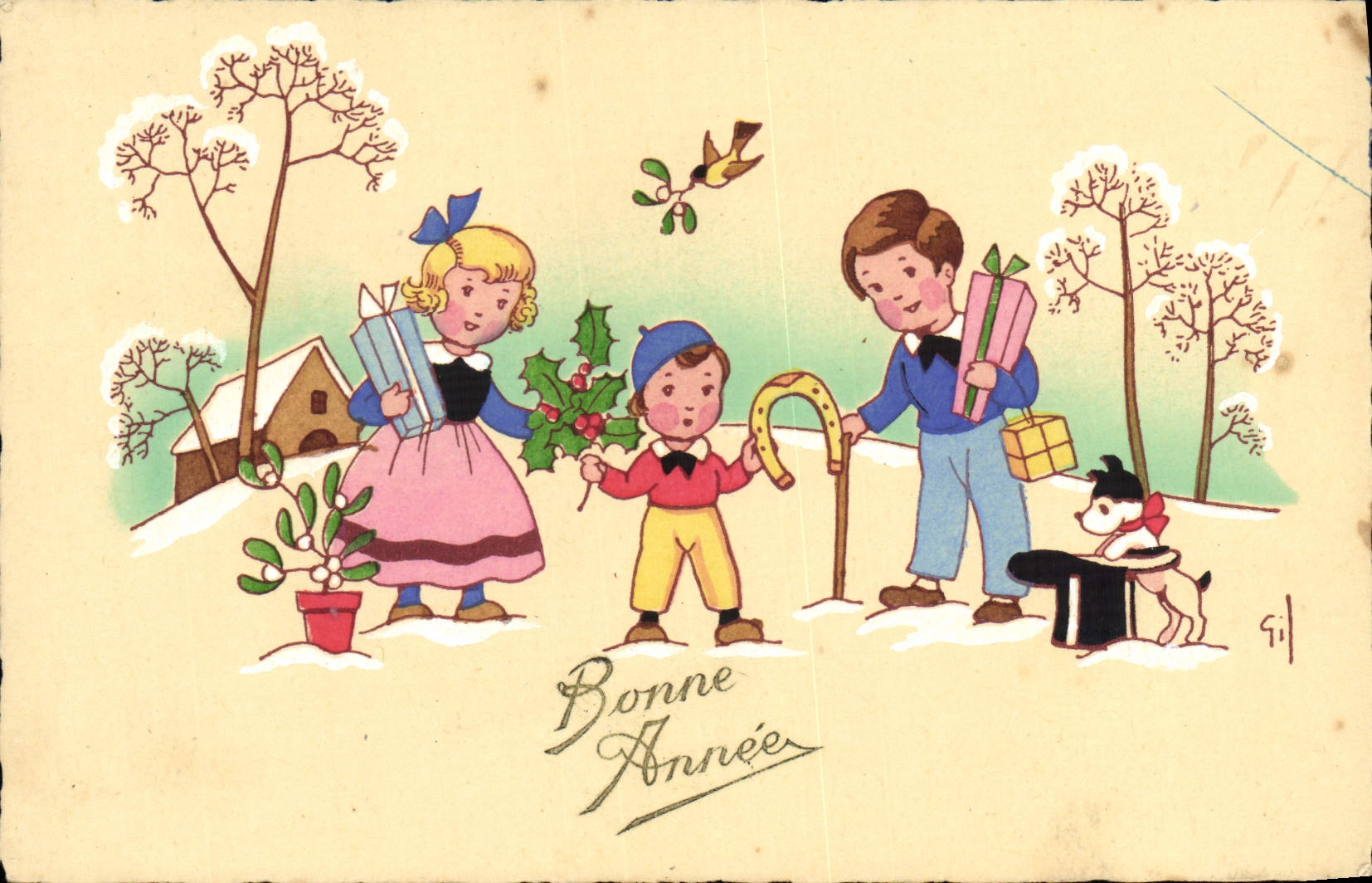 VINTAGE POSTCARD Fantaisie Child Horseshoe Chien