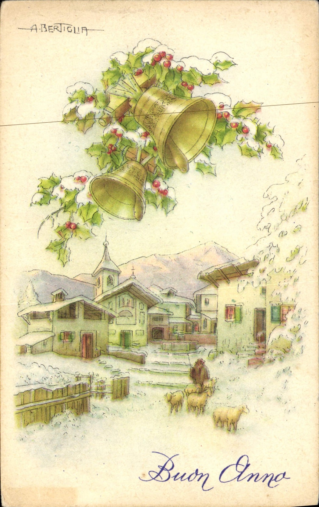 VINTAGE POSTCARD Fantasy Bells Sheep Happy New Year