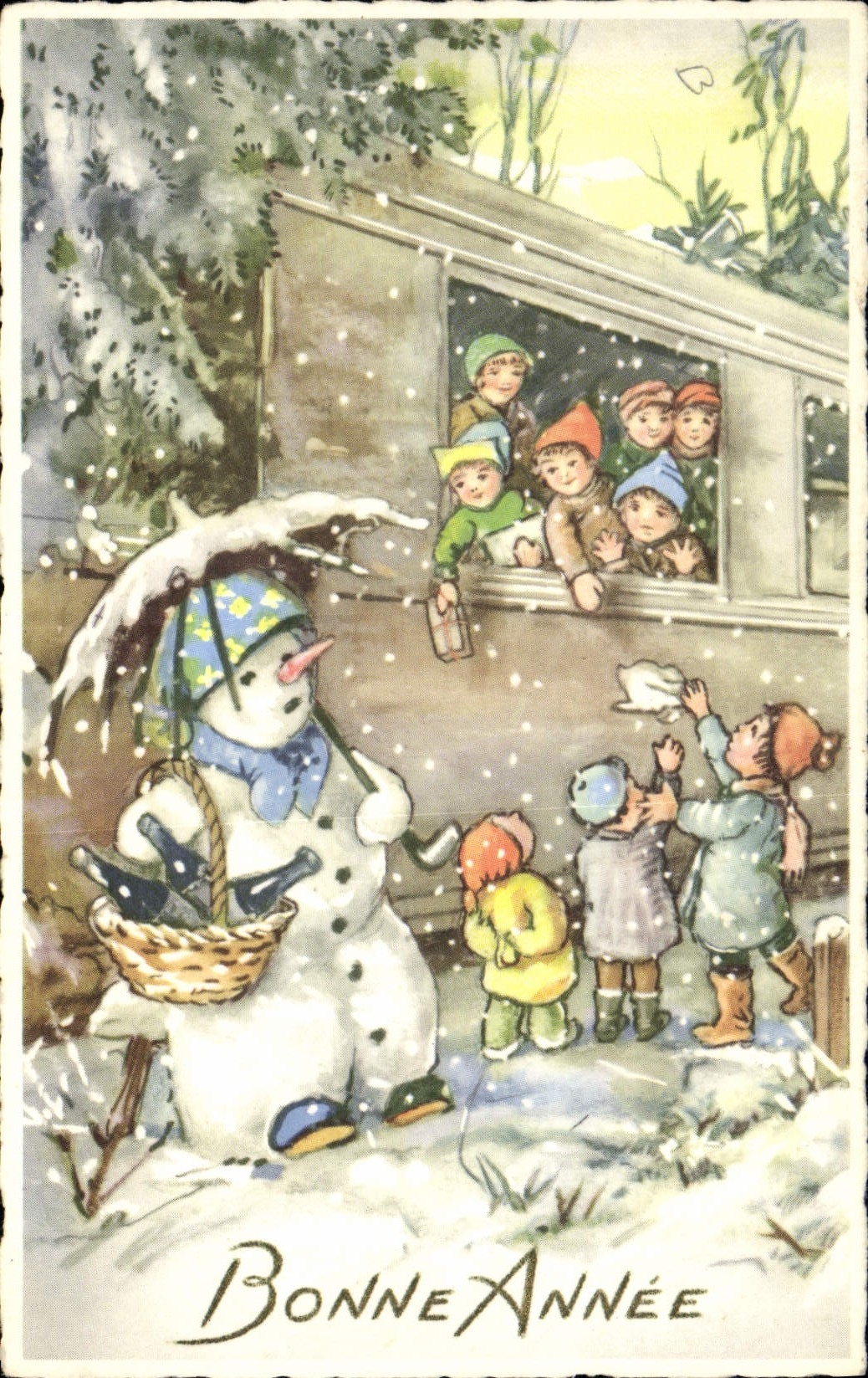 VINTAGE POSTCARD Fantasy Children Snowman Train