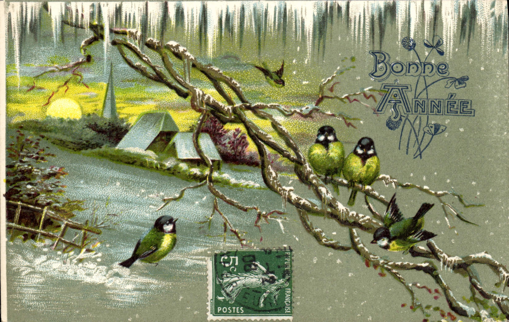 VINTAGE POSTCARD Fantasy Happy New Year Swallows