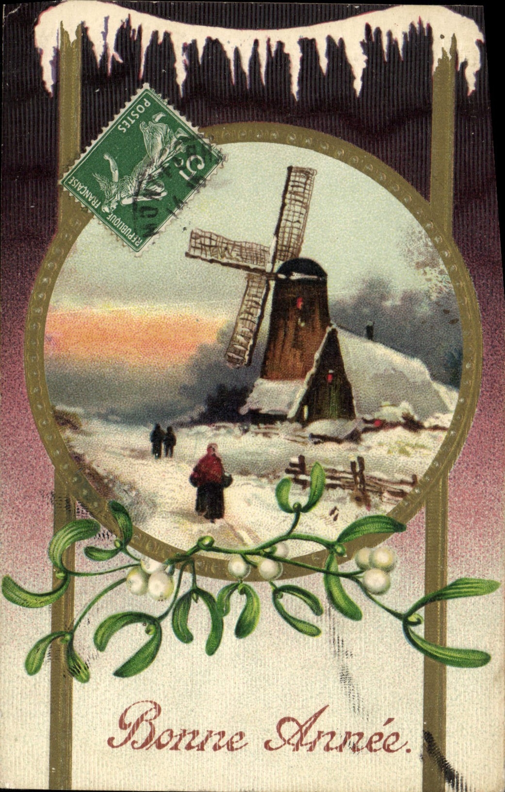 VINTAGE POSTCARD Fantaisie Happy New Year Mouylin has wind