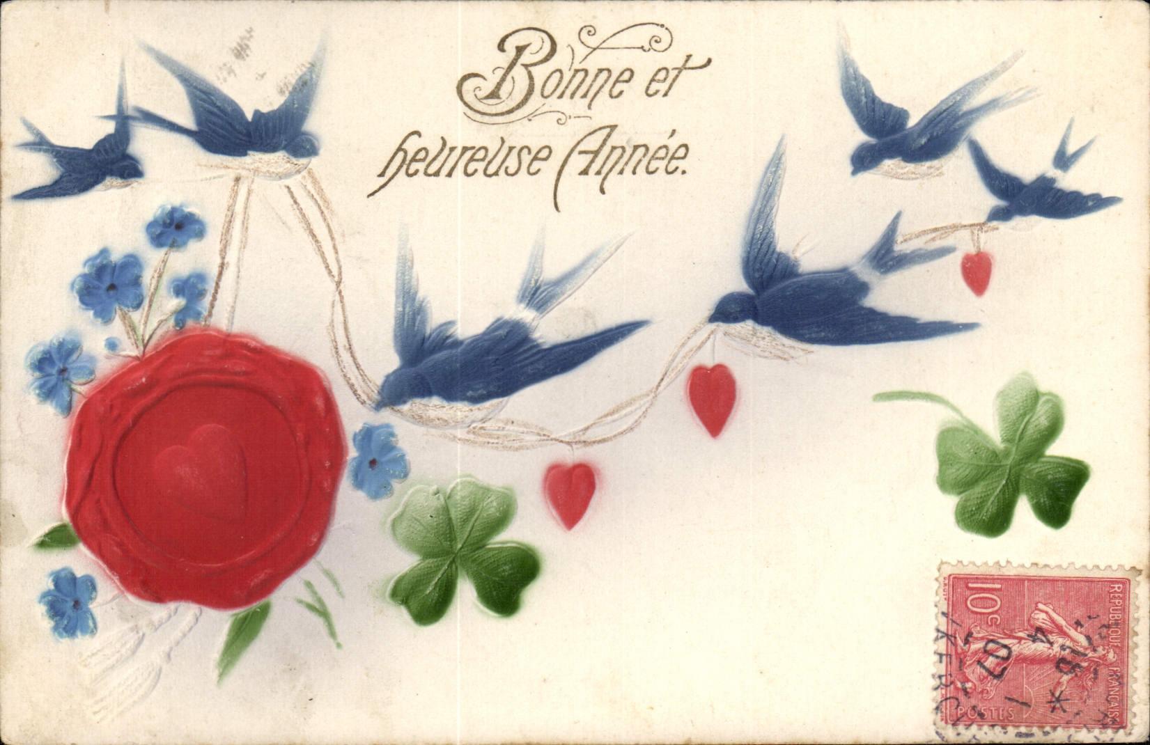 VINTAGE POSTCARD Fantasy Happy New Year Swallows Heart