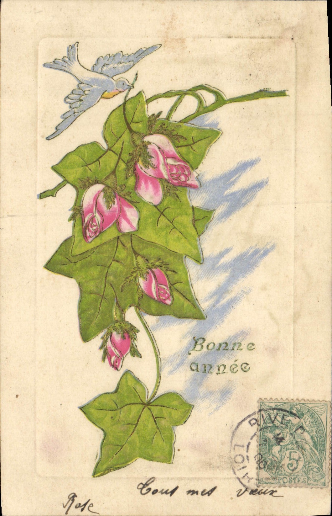 CPA Fantaisie Fleurs Trefles Colombe
