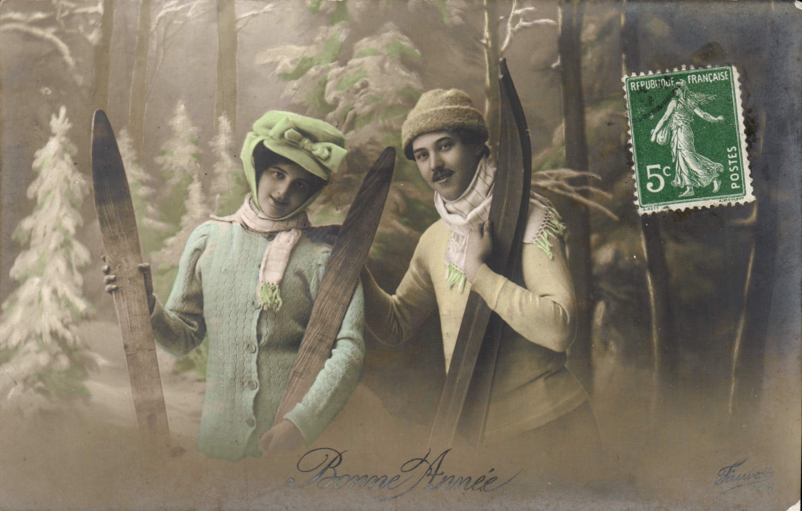 VINTAGE POSTCARD Fantasy Woman Ski Winter sports